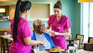 A couple of nurses helping out patient in dining room  area wearing pink scrubs zoomed out photo