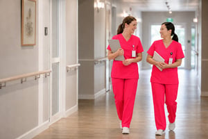 Aged Care Home Corridor with Pink Scrubs Nurses Talking-1