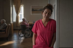 Burnt Out Nurse in Pink Scrubs