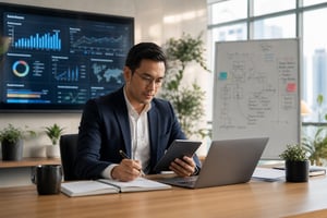 Modern Office Workspace With Data Analytics Dashboard