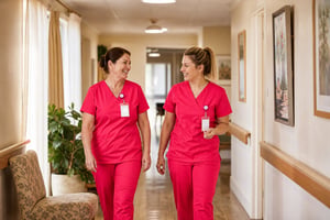 Nurses in Pink Scrubs Walking Aged Care Corridor