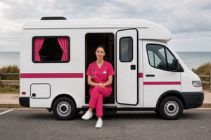 Pink Scrubs Nurse in Coastal Campervan