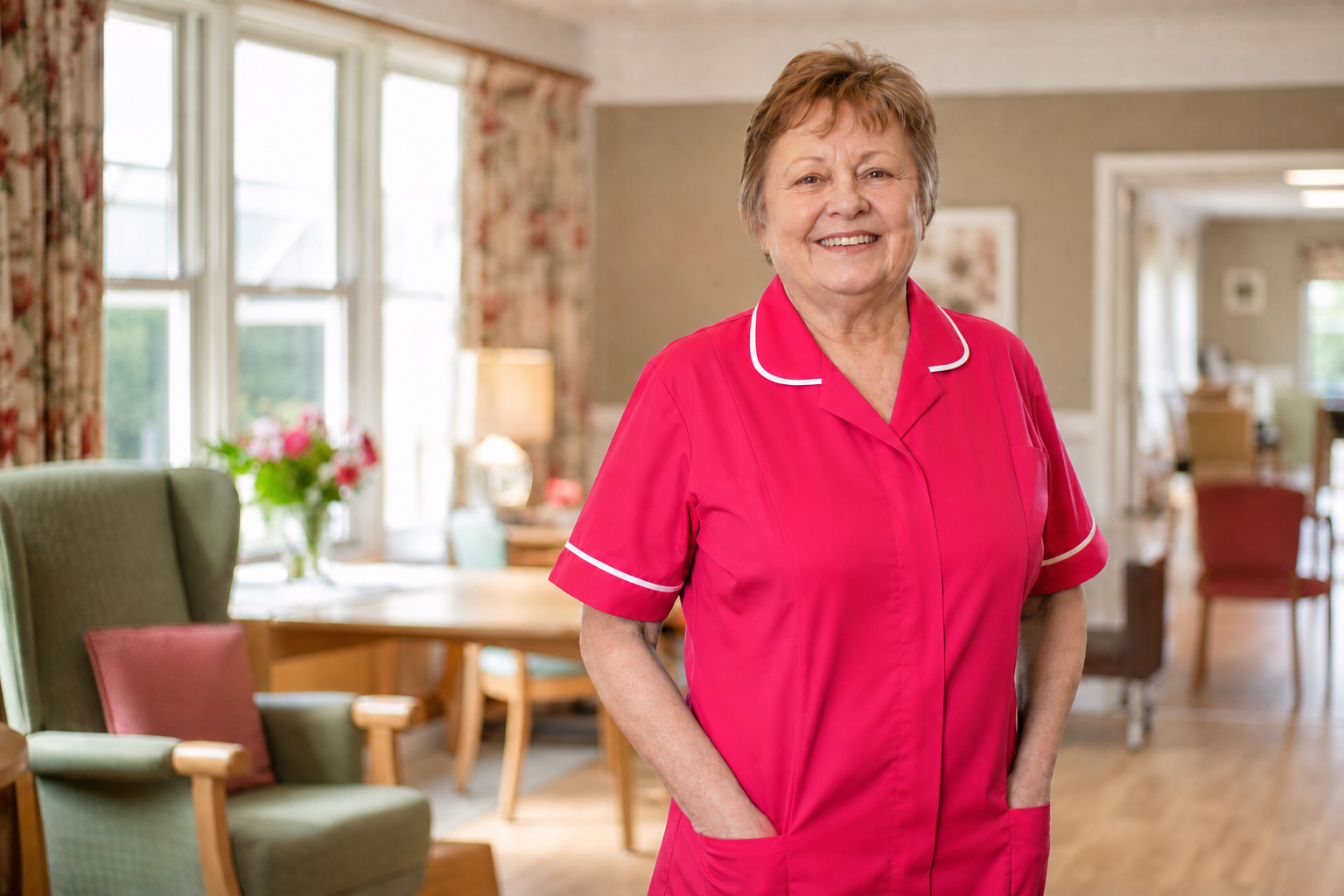 Senior Aged Care Staff Smiling at Camera in Pink