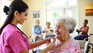 The image depicts a bustling nursing facility with a warm inviting atmosphere In the foreground a compassionate registered nurse RN gently assists an elderly resident with medication ensuring careful attention to detail The nurse wears pink scrubs an