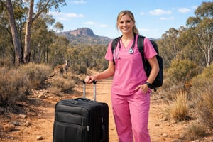 Travel Nurse with Luggage in Australian Bush-1