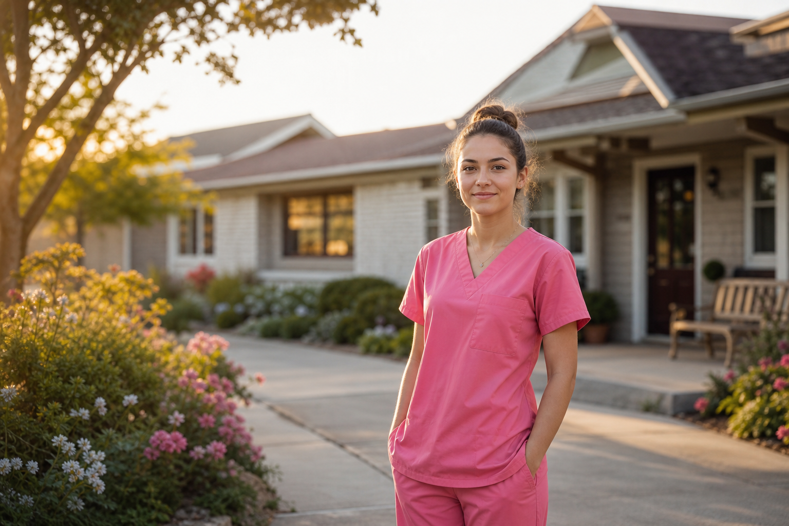 Young Nurse in Scrubs at Aged Care Facility