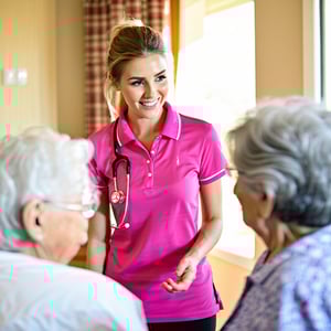 a nurse wearing pink polo talking to a resident in an aged care bedroom documentary style and warm-3-1