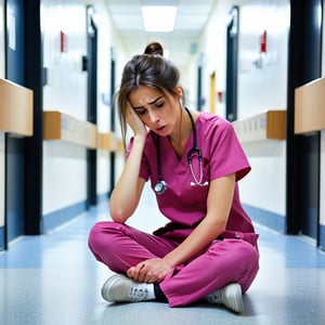 a stressed looking healthcare worker sitting on the ground of a hospital corridor wearing pink scrubs