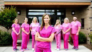 zoomed out photo of RSL Life care facility manager standing out the front of the building with team wearing pink scrubs